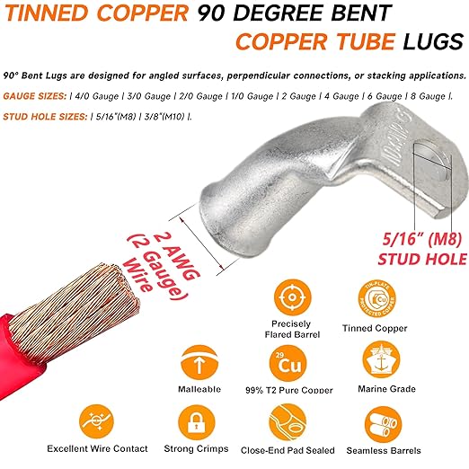 Tinned Copper Cable Lugs 10pcs 2 AWG-5/16 90 Degree Bent Battery Lugs,Heavy Duty Wire Lugs,Ring Terminal,2 Guage terminals,Battery Cable Ends/Terminal Connectors with 10pcs 3:1 Heat Shrink Tubing