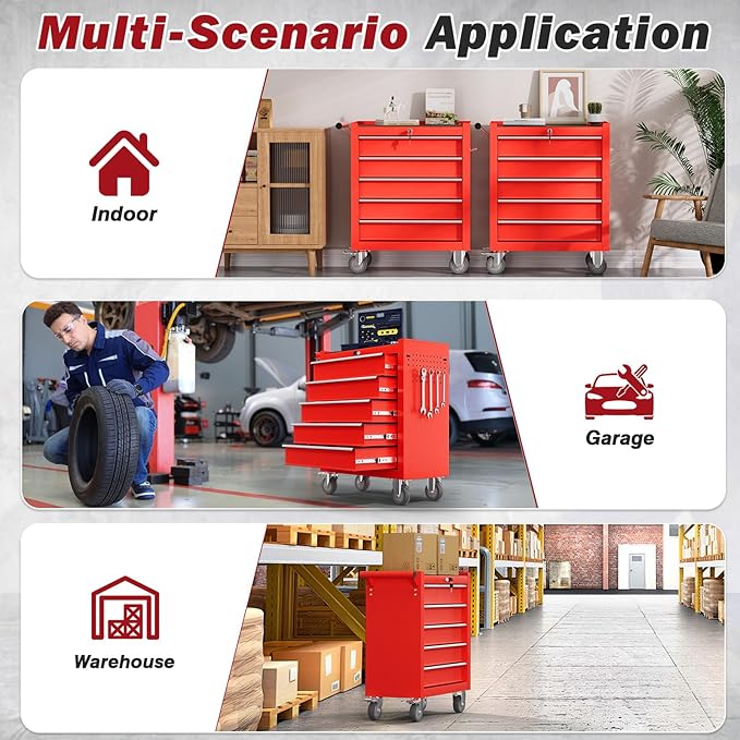 Rolling Tool Chest with Drawers, 5 Drawers Tool Chests & Cabinets, Metal Toolbox with Wheels, Lockable Storage Cabinet, Garage Tool Box with Drawers (Red, 5 Drawers)