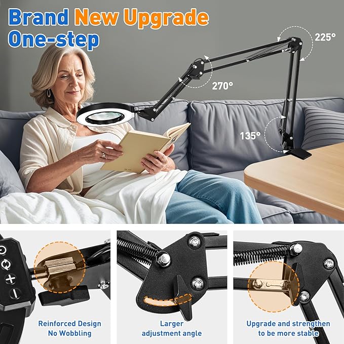 Ultra Long 3-Section Swing Arm 12X 30X Magnifying Glass with Light and Stand, 4-Way Large Strong Metal Clamp Lighted Magnifier Lamp, 5 Color Modes LED Magnifying Lamp for Workbench Crafting