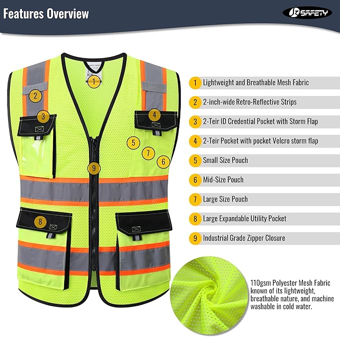 JKSafety Hi Vis Reflective Safety Vests for Men Women High Visibility Vest with Pockets Mesh Fabric Construction Safety Apparel Neon Vest for Work (220-Yellow XL)