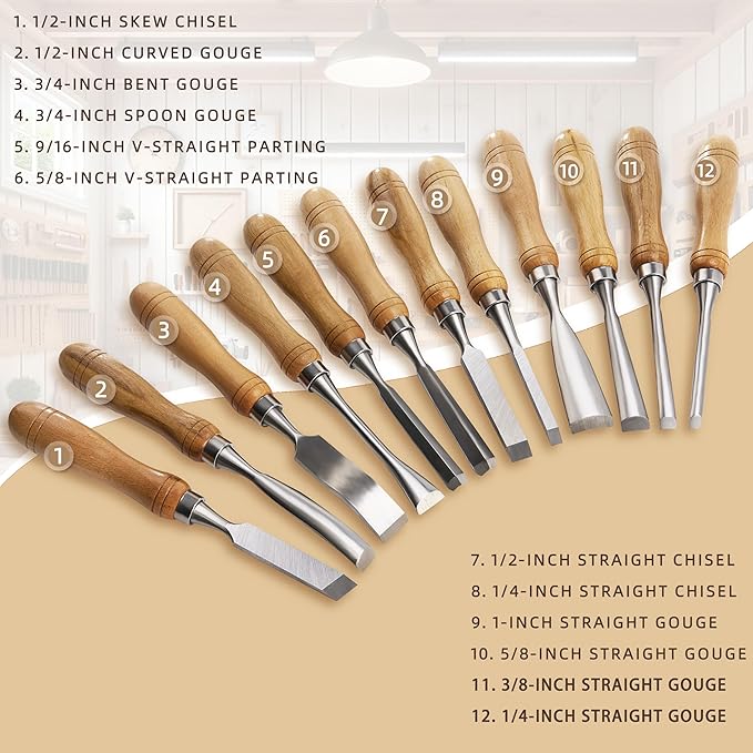 Wood Chisel Sets - 12 Pcs Wood Chisels for Woodworking with Solid Wood Handle, 60CR-V Sharp Blades, Tight Connection, Ideal for Soft and Hard Laminated Wood Projects
