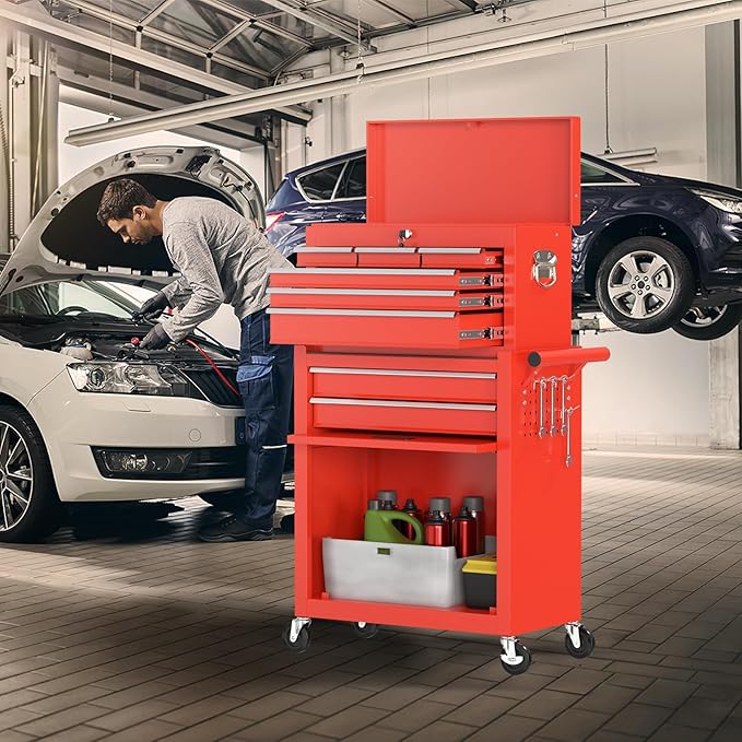8-Drawer Rolling Tool Chest with Wheels, 2-in-1 Detachable Tool Box with Drawers and Large Cabinet, Rolling Tool Chest Storage Cabinet with Lockable for Warehouse, Garage, Workshop (Red)