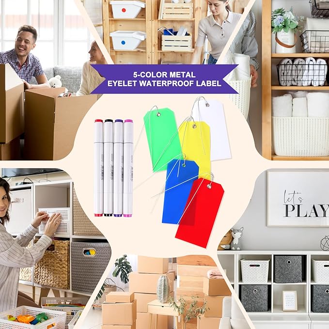 1000 PCS Plastic Shipping Tags with Wire, Waterproof Labeling Tags for Luggage, Inventory & Shelf, 5 Colors (Red, Yellow, Blue, Green, White), 4.72"x2.36", Includes 4 Markers and 1000 Iron Wires