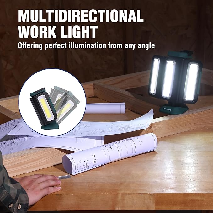 WORKPRO Rechargeable USB-C LED Work Light, Foldable Magnetic Light with Hanging Hook, 270° Rotatable, Tripod Mountable, Cordless Flashlight Light for Garage, Workshop, Auto Repair, Camping
