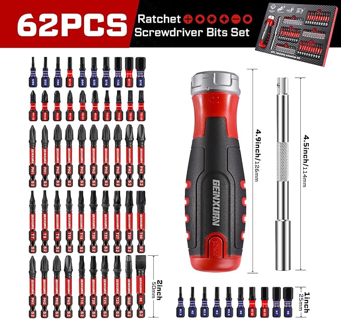 62Pieces Ratcheting Screwdriver Set, 12-in-1 Multi-bit Magnetic Screwdriver Quick-Load Mechanism, S2 Steel Phillips, Slotted, Torx, Square Bits, Impact Bit Holder with Eva Foam Storage Tray