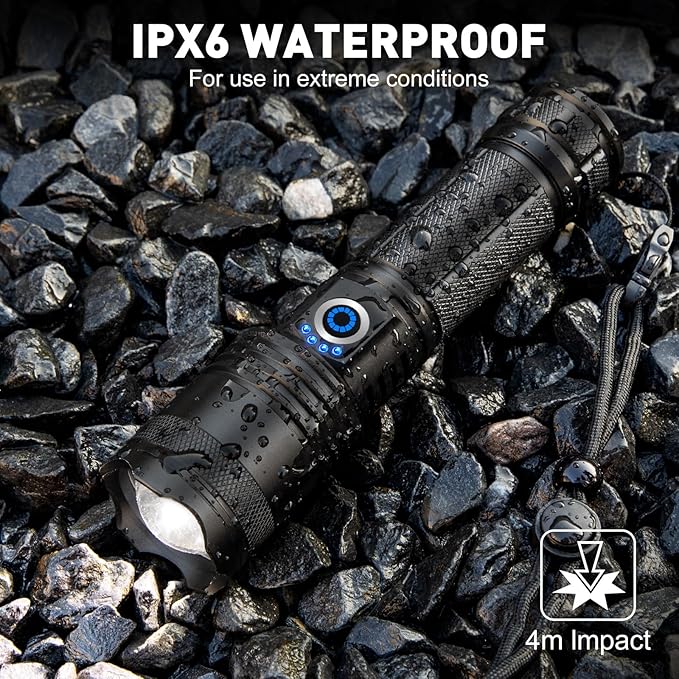 Flashlights High Lumens, 99,000 Lumens LED Flashlight Rechargeable, 5 Modes, Adjustable Beam & 12H Running Time, Powerful and Bright Flash Light for Home/Camping, IPX6 Waterproof