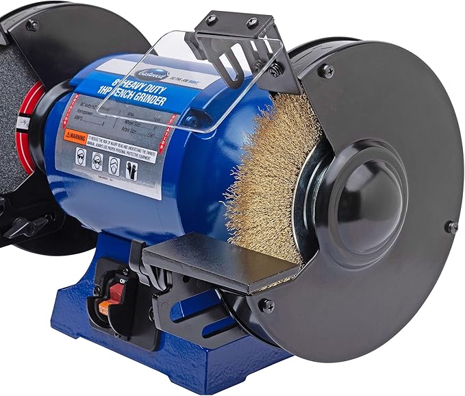 Eastwood 8 Inch Heavy Duty 1HP Bench Grinder | Industrial Grade High Precision Bench Grinder | Includes 8" Grinding Wheel & Crimped Wire Wheel with 3450 RPM Motor | Easy to Remove Wheel Guard Sides
