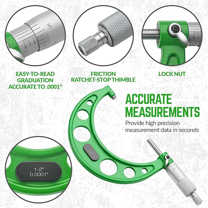Premium Outside Micrometer Set 0-4" / 0.0001" (0-1"/1-2"/2-3"/3-4") Precision Machinist Tools w/Carbide Tips, Standards, Ratchet Stop, Green