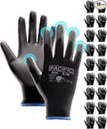 PACIFIC PPE Work Gloves PU Coated-18 Pairs, Touchscreen Working Gloves for Men and Women, Mechanic Gloves, Lightweight, Black, Medium