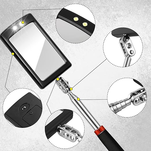 3 Pieces Telescoping Inspection Mirror Round Square Mirror Inspection Tool for Checking Vehicle, Observing Eyelashes Mouth and Other Small Parts(Extended, with Light, Oval Style)