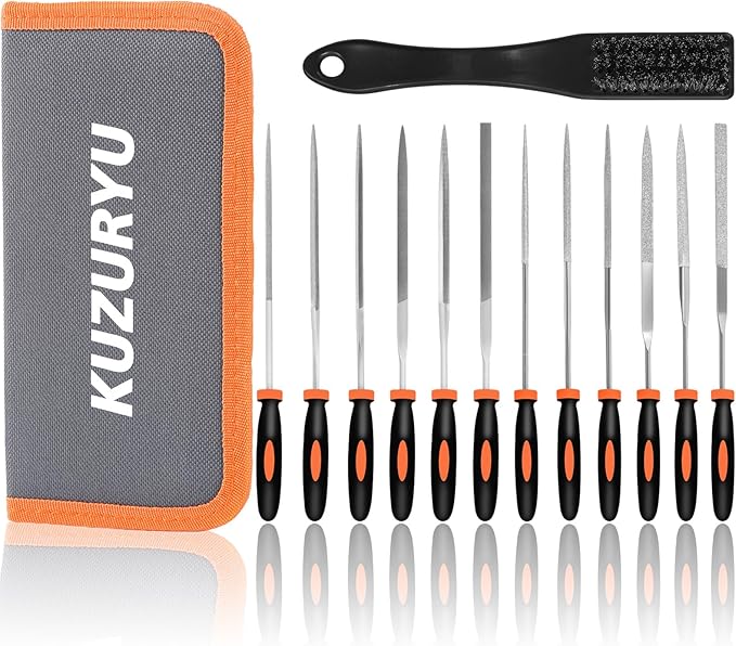 KUZURYU 14PCS Needle File Set - Small Diamond Files with 6 Jeweler's Files & 6 Steel Files （150mm）for DIY, Jewelry, Plastic, Wood & Metal Crafting – with Storage Bag & Steel Brush