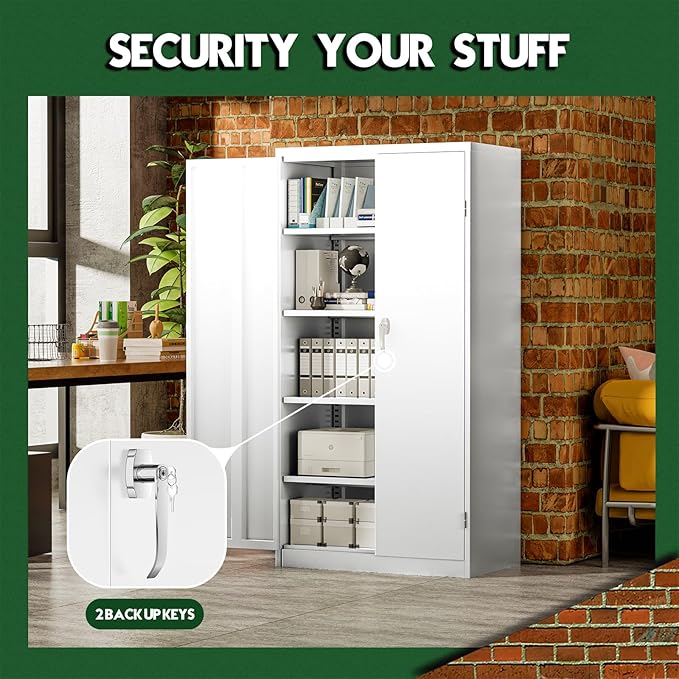 Greenvelly White Metal Storage Cabinet for Garage, 72” Steel Locking Cabinet with Doors and 4 Shelves, Tall Tool Organizer for Garage Systems Lockable File Storage for Home Office, Classroom
