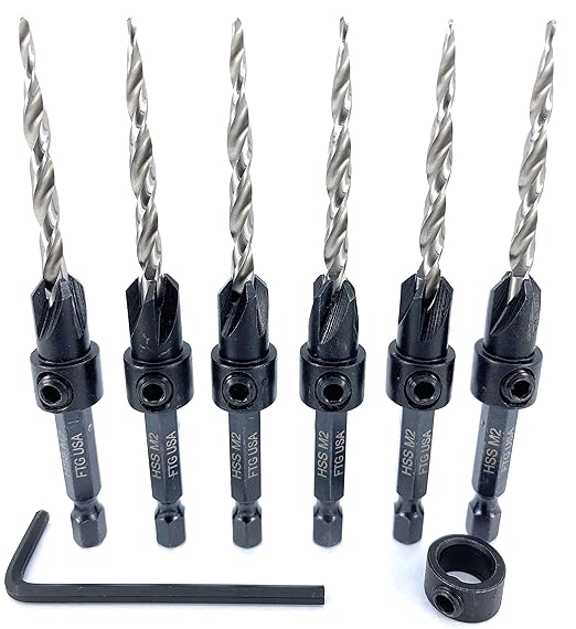 FTG USA 6 Pc #8 (11/64") Countersink Drill Bit Set with Depth Stop Collar, Hex Wrench - Tapered Drill Bits for Wood