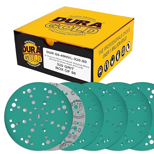 Dura-Gold Premium 320 Grit 6" Green Film Sanding Discs, 49-Hole Pattern, Box of 50 - Heavy-Duty Dustless Hook & Loop Backing Sandpaper for DA & Random Orbital Sanders, Sand Auto Paint, Wood Furniture