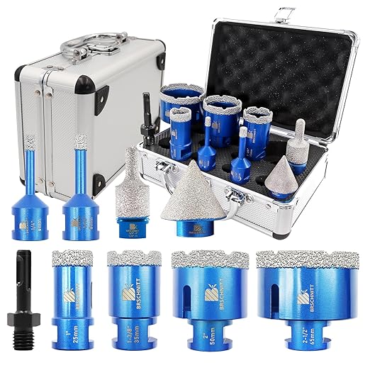 Diamond Core Drill Bit Set BRSCHNITT Diamond Hole Saw for Porcelain Tile Ceramic Marble Granite Drilling with 5/8-11 Thread(6/8/25/35/50/65 Drill bits,10-25mm Finger bit+SDS Adapter&35mm Chamfer bit.