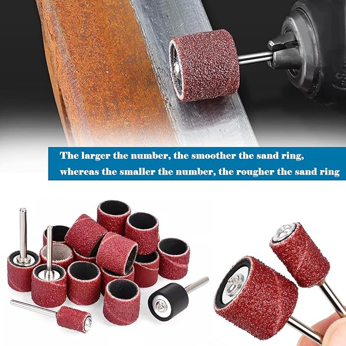 Tnisesm 552Pcs Aluminum Oxide Sanding Drum Set,Including 525 Pieces 80 120 150 240 320 400 600 Grit Drum Sander Sanding Sleeves and 24 Pieces Drum Mandrels for Dremel Rotary Tool,Sanding Drums