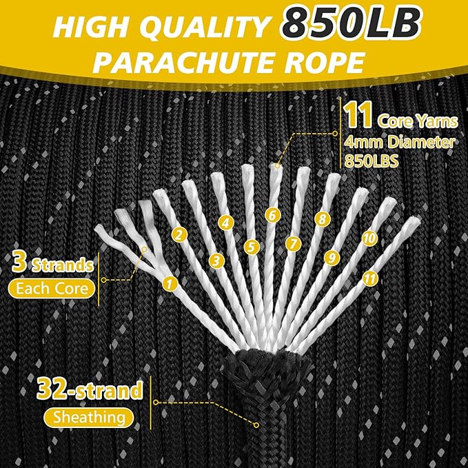 Reflective Paracord Rope 850Ib, 50/100/200/500/1000ft 4MM 11 Strand para Cords Lanyard Utility Parachute Cord for Tent Camping Fishing Survival Tactical Clothesline DIY Projects, Black 200FT