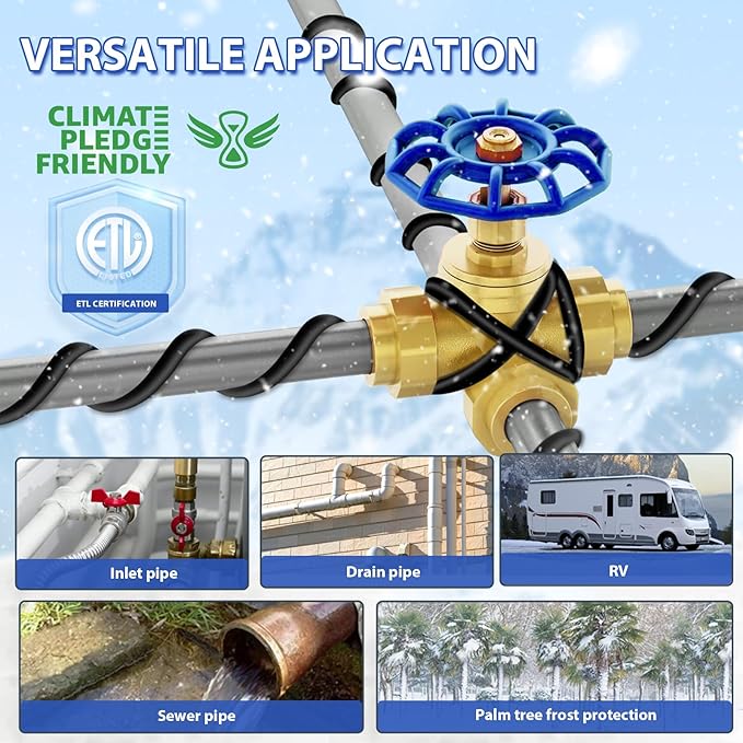 120V 120FT Self-Regulating Pre-assembled Water Pipe Heat Cable for Pipe Freeze Protection, Energy-Saving Pipe Heating Cable Keeps Water Flowing at -40°F