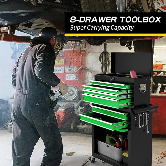 On Shine 8 Drawer Rolling Tool Chest, Large Capacity Rolling Tool Box with Wheels, Locking Mechanical Tool Chest, Portable Tool Box with Sliding Drawers,Metal Tool Box for Garage Workshop（Black Green）