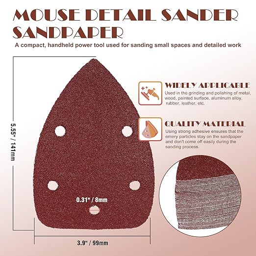 80 Grit Mouse Sander Sandpaper, Jamiikury 5 Hole Detail Sander Sandpaper Palm Sander Paper Mouse Sanding Pads Hook and Loop Sanding Sheets - Pack of 20