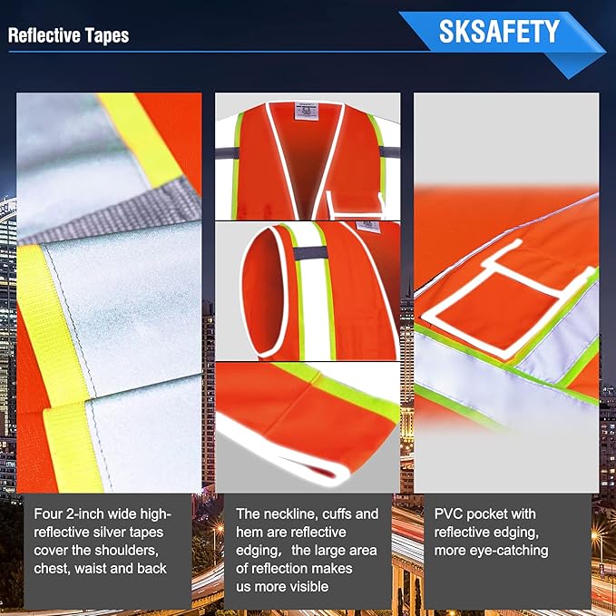 SKSAFETY 10 Pockets Safety Vest, Class 2 High Visibility Security with Zipper, Hi Vis Vest with Reflective Strips, ANSI/ISEA Standard, Construction Work Vest for Men ＆ Women （Orange, M）