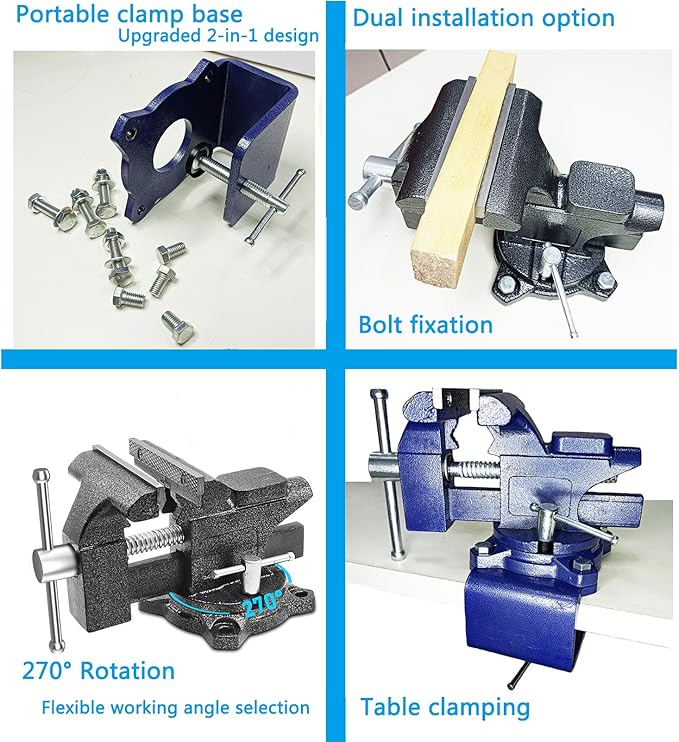 MYTEC 2-In-1 Work Bench Vise, Upgraded Multi-Purpose Table Vice, Universal Rotate 270°Work Clamp-On Vise, 4.5" blue