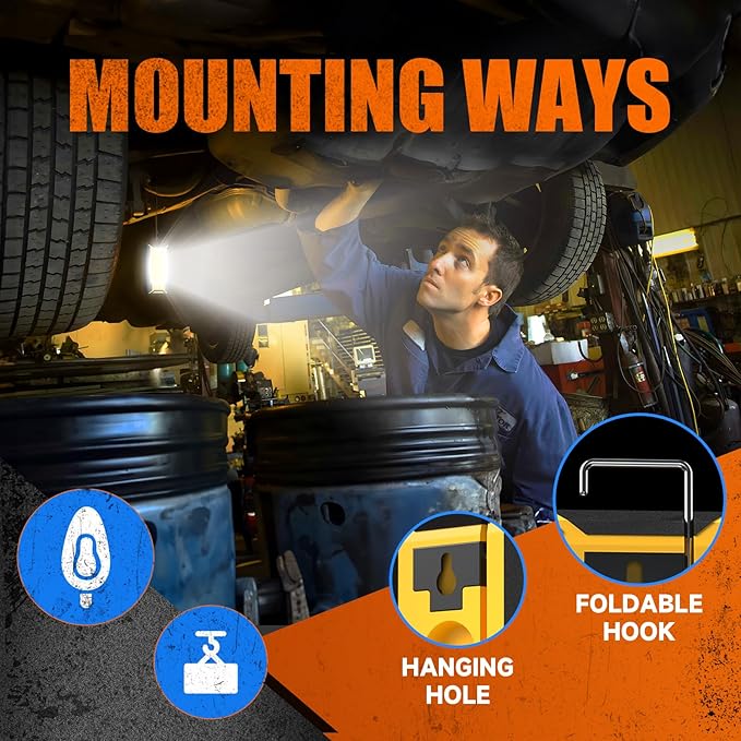 WARSUN 2PC LED Work Light Rechargeable, Magnetic COB Portable Worklights, 40w 1500 Lumens,Metal Hanging Hook 3 Lighting Modes, Job Site Lighting for Car Repairing,Camping,Hunting,Yellow Blue