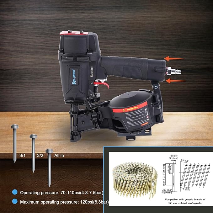 Roofing Nail Gun, 15 Degree CN45N Roofing Nailer 3/4-Inch to 1-3/4-Inch Coil Nails, 120-pcs Load Capacity Coil Nailer in Black