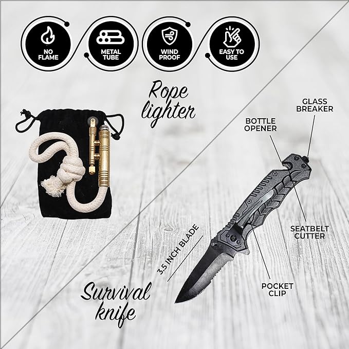 Ultimate Flint Fire Starter Kit with Pouch — Weatherproof Emergency Survival Kit Incl Camping Fire Saw, Magnesium Fire Starter, Fat Rope, Char Cloth, Rope Lighter, & Sticks for Outdoors