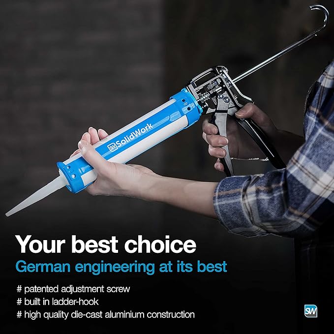 SolidWork Drip-Free Caulk Gun with Ergonomic Steel Handle, up to 1/10 Gallon Cartridge, Adjustable 24:1 or 12:1 Thrust Ratio 1/10 Gallon Cartridge | Blue Caulking Gun