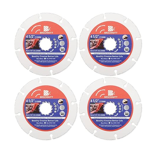 Carbide Multi Wheel,BRSCHNITT 4pcs 4-1/2 Inch (115mm) with Arbor 7/8" Tungsten Carbide Cut Off Wheel for Wood,Laminate,Gypsum Board,Plastic for Angle Grinder Cutting Disc