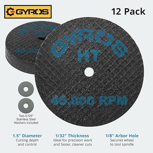 GYROS Cut-Off Wheels for Rotary Tools – 1.5” High-Tensile Fiberglass Reinforced, 12-Pack | Ideal for Cutting Hardened/Unhardened Steel, Steel Alloys, Hard Bronze, Metal | Made in USA 11-32156/12