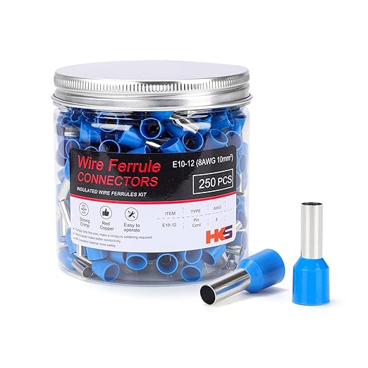 HKS 250PCS Wire Ferrule Connectors - AWG 8-10.0mm² Copper Barrel Pin Cord Ends Insulated Ferrules Terminals - E10-12 Blue