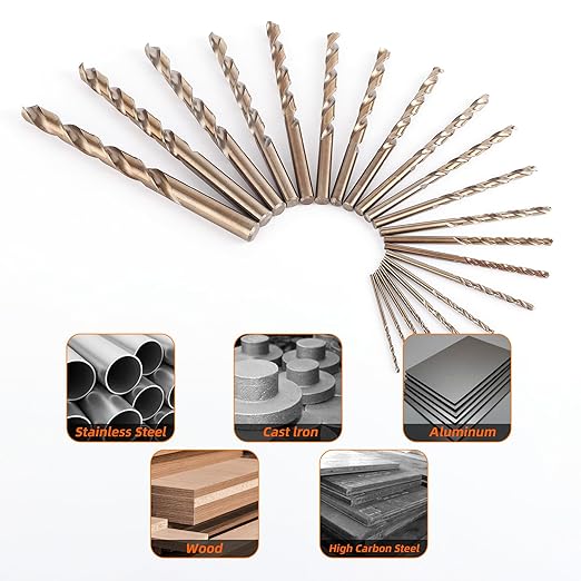 21Pcs Cobalt Drill Bit Set (1/16"-3/8"), M35 High Speed Steel, Twist Jobber Length for Hardened Metal, Stainless Steel, Cast Iron, Wood, and Plastics, with Metal Index Storage Box