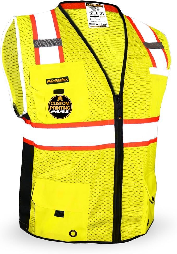 KwikSafety - Charlotte, NC - BIG KAHUNA Safety Vest [11 Pockets] Class 2 ANSI OSHA Reflective Vest Durable High Visibility Vest Construction Safety Vest for Men Industrial Work Gear/Yellow 2XL