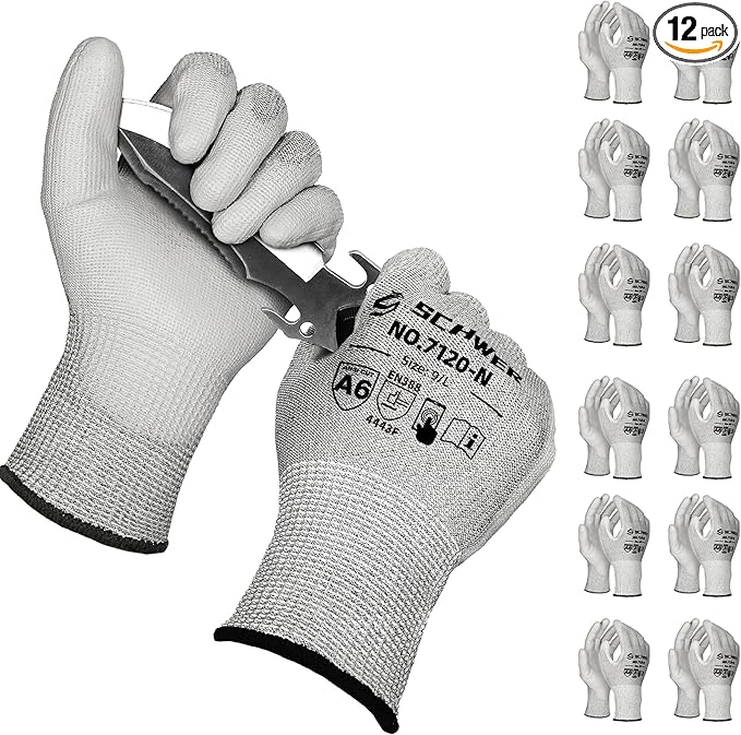 Schwer 12 Pairs ANSI A6 Cut Resistant Gloves CR7120 Cut Proof Work Gloves, Touchscreen, for Men and Women Used for Woodworking, Glass Cutting, Construction, Cargo Handling, Car Repair, L
