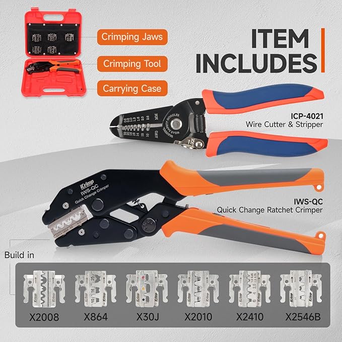 iCrimp Rachet Crimping Tool Set with Wire Stripper, Quick Change Jaws for Open Barrel Terminals, Insulated& Non-insulated Terminals, Solar Terminals, End Sleeves Ferrules- 8PCS included