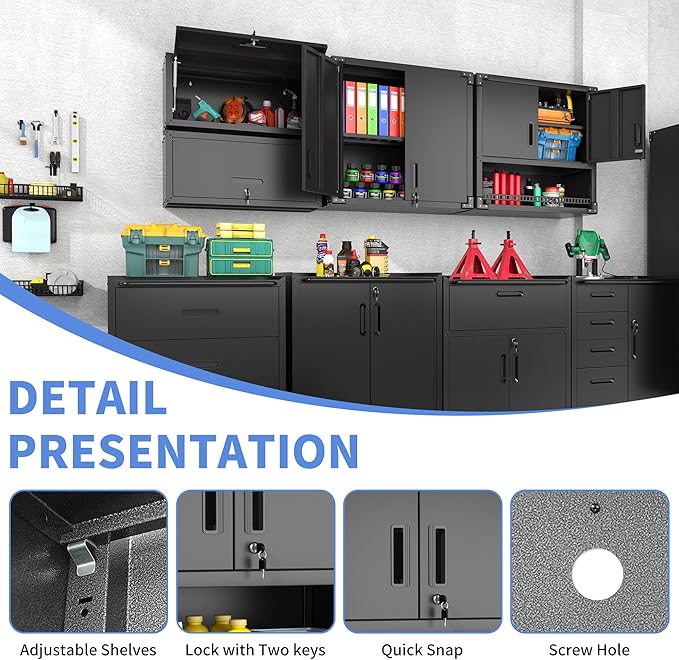 Garage Wall Cabinet with Doors and Shelves, Wall Mounted Metal Storage Cabinet with Open Storage, Lockable Hanging Tool Cabinet for Garage Utility Room, Black