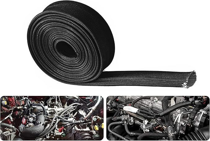 Fiberglass Hose Heat Shield Sleeve Spark Plug Wire Heat Protector Boots Auto Hose Roll 2500 Degree for Car&Auto Wire Loom Brake Line Cable (Black 1" IDX10')