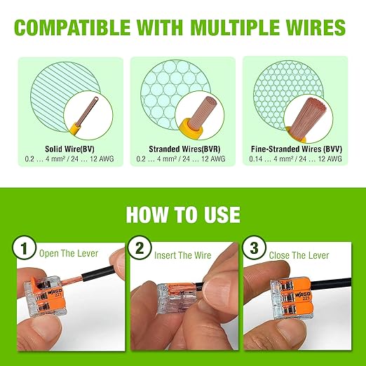 WAGO 221 Series 90pc Compact Splicing Wire Connectors | Includes (25x 221-2401), (25x 221-412), (25x 221-413), (15x 221-415) | WAGO Wire Connectors | 221 Straight Inline Splice | Electrical Lever Nuts
