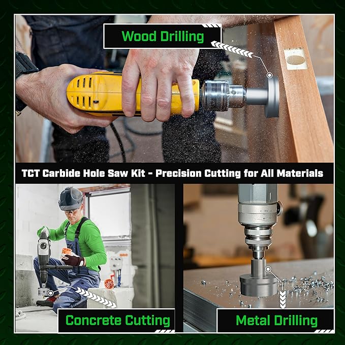 Tungsten Carbide Hole Saw Kit 22 Pcs – Carbide Hole Saw Set 9/16" to 2-1/8" for Metal, Stainless Steel, Wood – Includes 2 Drill Bits, Deburring Tool, 4 Blades, 3 Allen Wrenches – Industrial & DIY Use