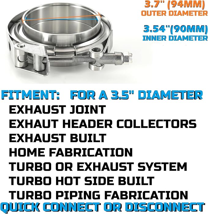 Stainless Steel 3.5 V Band Exhaust Clamp Flange Kit for Exhaust, Quick Release 3.5 V Band Clamp for Turbochargers To Hold Components Together Under High Pressure or Temperature, 2 PCS (3.5‘’)