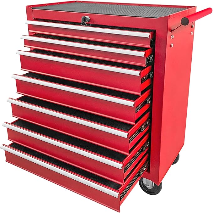 Rovibek 7-Drawer Rolling Tool Chest with Wheels, Lockable Metal Tool Box for Garage Workshop Warehouse, Large Capacity Tool Storage Cabinet, Heavy-Duty Tool Chest with Drawers, Red