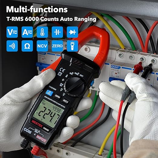 MESTEK Digital Clamp Meter Multimeter, TRMS 6000 Counts Auto-ranging Amp Voltage Tester, Measures AC/DC Current, Voltage, Temperature, Capacitance, Resistance, Continuity, Diode & NCV