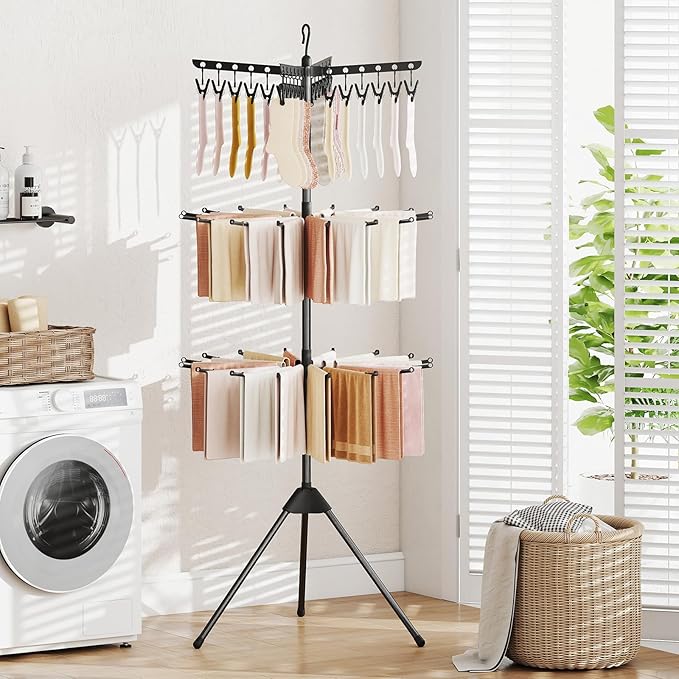Giantex Tripod Clothes Drying Rack, 3-Tier Freestanding Folding Laundry Drying Rack w/24 Clips & 32 Rods, 70" Space Saving Towel Drying Stand w/360° Rotatable Arms for Laundry Room, Balcony, Black