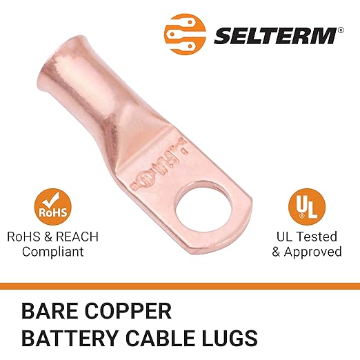 SELTERM 25pcs 6 AWG 1/4" Stud Battery Lugs, Ring Terminals, Heavy Duty Copper Wire Lugs, Battery Cable Ends, 6 Gauge Ring Terminal Connectors, UL Bare Copper Eyelets Electrical Battery Cable Lugs