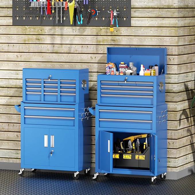 INTERGREAT 8 Drawer Rolling Tool Chest, Assembled Tool Chest with Wheels, 2-in-1 Detachable Steel Toolchest Organizer Combo, Tool Cabinet for Garage, Workstation (Blue)