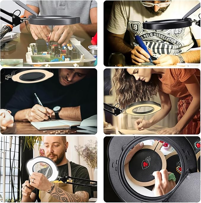 15X Magnifying Glass with Light, Real Glass Lens, 84 LEDs, 5 Color Modes, 10 Brightness Dimmable, Adjustable Swing Arm with Clamp, Hands-Free Magnifier for Reading, Crafts, Repair, Sewing, Close Work