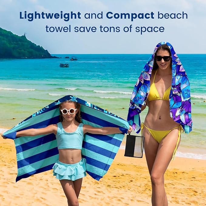 2 Pack Microfiber Beach Towel Oversized 71"x32" Sand Free Quick Dry Absorbent Lightweight Thin , Compact Towels for Travel Swimming Pool Yoga Gym Camping Beach Accessories Vacation Essentials Gift