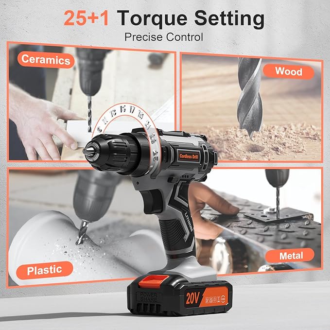 Cordless Drill, 20V Power Drill, Double 2000mAh Power Pack Electric Drills, Cordless Drills with Power Pack and Charger, 3/8" Keyless Chuck Screwdriver with 25+1 Max 370 In-lb Torque, 42Pcs Bits
